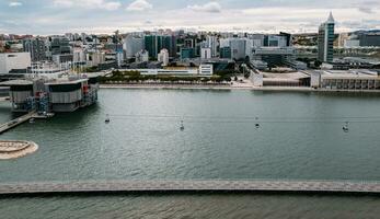 aérien panoramique vue parc de le nations dans Lisbonne, le Portugal avec le iconique gondole balade visible sur le premier plan photo