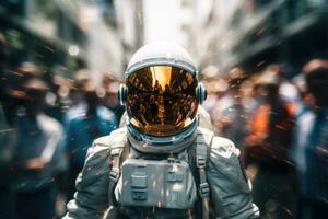 astronaute portant espace costume à bondé rue dans se ruer heure. génératif ai photo