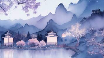 violet pente aquarelle La peinture de chinois temple avec Cerise fleur dans le milieu de le Lac ai généré photo