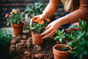 photographier de une femme dans jardin gants plantation fleurs à grandir fleurs dans sa jardin. génératif ai photo