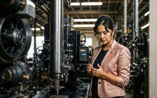 photo de travail entrepreneur femme à usine avec machine et ouvrier, génératif ai