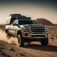 photo de un camion dans chaud le sable désert, génératif ai