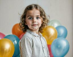 photo séance photo de enfant avec des ballons sur blanc arrière-plan, génératif ai