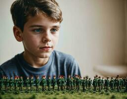 photo de adolescent garçon en jouant avec jouet soldats, génératif ai