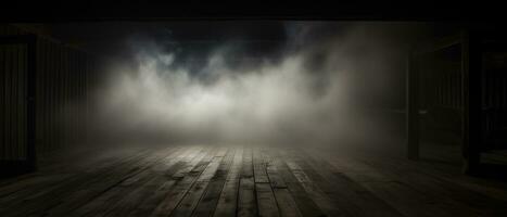 défocalisé Contexte de brouillard dans obscurité, fumée, et brouillard sur une en bois sol. abstrait et de mauvaise humeur Halloween toile de fond. génératif ai photo