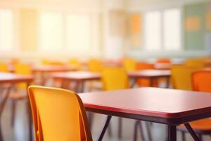 école salle de cours dans brouiller Contexte sans pour autant Jeune étudiant. floue vue de élémentaire classe pièce non enfant ou prof avec chaises et les tables dans Campus. retour à école concept. génératif ai photo