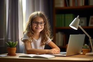 content enfant et adulte sont séance à bureau. fille Faire devoirs ou en ligne éducation. génératif ai photo