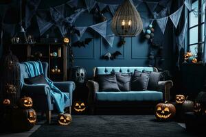 bleu tonique vivant pièce intérieur avec Halloween décorations. Contexte pour Halloween. génératif ai photo