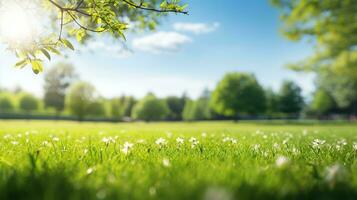 flou Contexte de printemps la nature avec une bien taillé pelouse contre une bleu ciel et des nuages sur une brillant ensoleillé journée. génératif ai photo