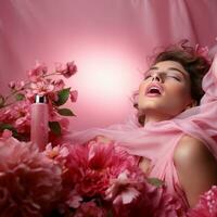 beauté et se soucier rituels - élégant femme parmi rose fleurs, hydraté lèvres - cosmétique détails et féminin bien-être. génératif ai, photo