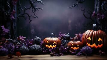 charmant Halloween Contexte avec citrouilles, chauves-souris, les araignées et violet l'automne feuilles et espace pour texte. génératif ai, photo