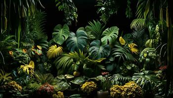 les plantes et feuilles de le amazonien végétation. verticale jardin avec tropical vert feuille contraste. amazonien verticale jardin - contraste de tropical les plantes et feuilles. génératif ai, photo