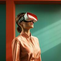 illustration de une la personne portant une virtuel réalité vr casque, ai généré. photo
