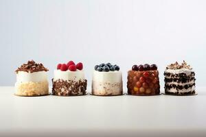 ensemble de délicieux Gâteaux. petit sucré Gâteaux isolé sur blanc Contexte. boulangerie des produits. bannière conception. génératif ai photo