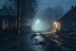 vide illuminé fantôme ville rue les lampes éclairage en haut le route par le des arbres et village dans une brouillard sur une pluvieux l'automne jour, rue lanternes. Anglais campagne scènes. génératif ai photo