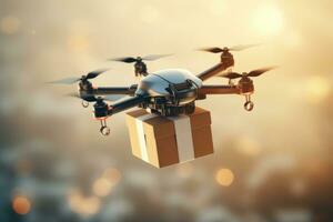 une drone porter une paquet prêt pour livraison. photo