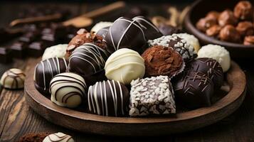 sombre, Lait et blanc Chocolat des sucreries ,pralines, truffes, assorti sur en bois tableau. dessert pour la Saint-Valentin journée. photo