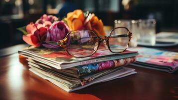 les magazines sur table avec lunettes. photo