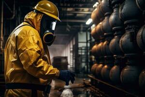 chimique spécialiste porter sécurité uniforme et gaz masque inspecter chimique fuite dans industrie usine photo