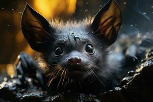 plus grand effrayant oreilles de souris chauve souris isolé dans noir photo