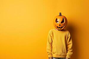 portrait de une enfant avec citrouille diriger. marrant enfant permanent isolé sur une Jaune arrière-plan, en portant une sculpté Orange citrouille et cache le sien visage derrière il. Halloween concept. génératif ai photo