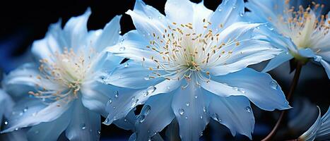 proche en haut de bleu fleurs avec gouttes de l'eau sur foncé Contexte. magnifique macro photo. coloré fleurs. génératif ai photo