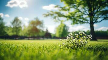 flou Contexte de printemps la nature avec une bien taillé pelouse contre une bleu ciel et des nuages sur une brillant ensoleillé journée. génératif ai photo
