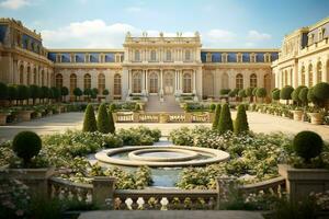 jardin et façade de le palais de Versailles. magnifique jardins en plein air près Paris, France. le palais Versailles a été une Royal château et a été ajoutée à le unesco liste. génératif ai photo