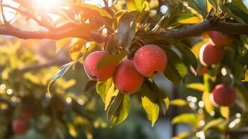 rouge pommes sur une arbre dans le Soleil génératif ai photo