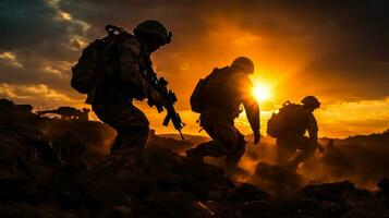 militaire soldats bouge toi dans position, guerre les forces génératif ai photo