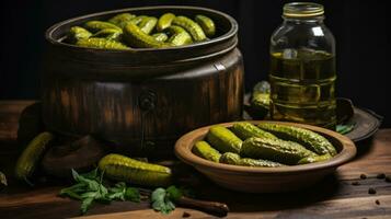 mariné concombres, cornichons cornichon génératif ai photo