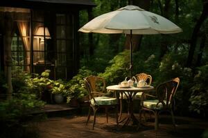 café table avec chaise et parasol parapluie dans le jardin photo