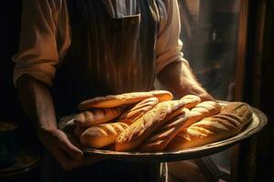 boulanger en portant une plateau plein de pains à l'intérieur une boulangerie photo