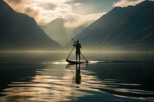 une homme engage dans se lever paddleboard sur une serein Lac photo