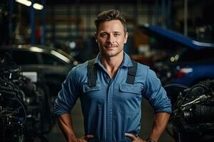 technicien, Masculin auto mécanicien dans combinaison dans moderne auto réparation boutique, garage. génératif ai photo