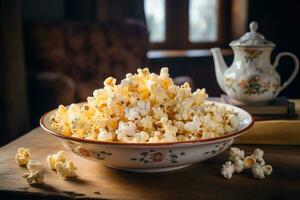 pop corn dans une bol sur le tableau. génératif ai photo