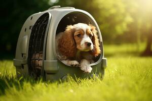 chien séance dans transporteur sur herbe. photo