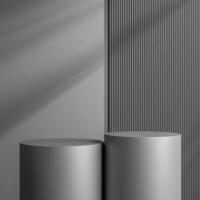 élégant noir cylindre supporter pour produit placement maquette. métal sombre podium exposition scène Contexte. minimal Plate-forme salle d'exposition avec ombre. photo
