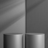 élégant noir cylindre supporter pour produit placement maquette. métal sombre podium exposition scène Contexte. minimal Plate-forme salle d'exposition avec ombre. photo