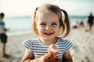 fille la glace crème plage. produire ai photo