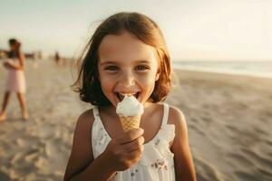 fille la glace crème plage le coucher du soleil. produire ai photo