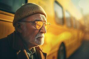 vieux homme école autobus des lunettes de soleil. produire ai photo