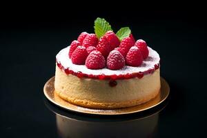 petit rond gâteau avec framboises sur une gris surface photo