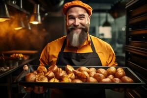 chef en portant une plateau plein de cuit patates à l'intérieur une cuisine. photo