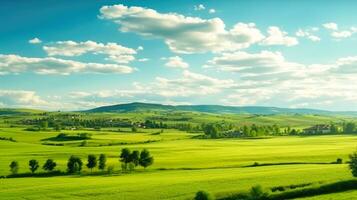 agricole paysage une paisible et magnifique campagne avec des arbres et Maisons ai généré photo