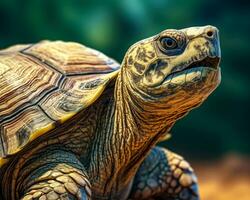 une texturé tortue une fermer de une tortue avec une Jaune Bande sur ses à motifs coquille ai génératif photo