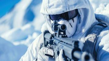 Montagne spécial Obliger soldat dans combat équipement et m16 carabine dans hiver sur neige Montagne ai génératif photo