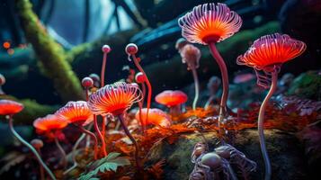 coloré champignons et pétillant lumières dans une des bois ai génératif photo
