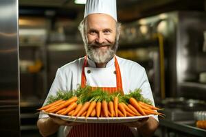 chef en portant une plateau plein de carottes à l'intérieur une cuisine. photo