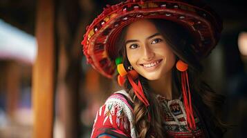 magnifique Jeune péruvien femme dans de fête nationale vêtements, souriant. ai généré. photo